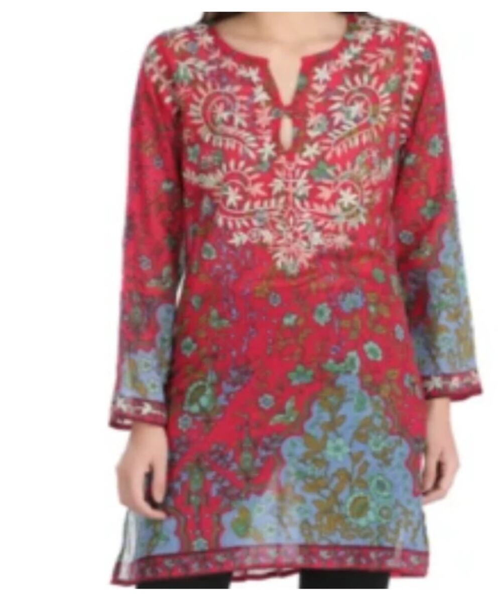 Raj Pink Silk Embroidered Floral Sheer Long Sleeve Tunic Top Small